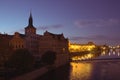 Prague architecture at dawn. Ancient houses on the banks of the Vltava