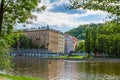 Prague architecture. Embankment in a green park