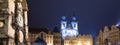 Prague Astronomical Clock and Church of Our Lady before Tyn, night, Czech Republic Royalty Free Stock Photo