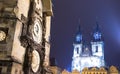 Prague Astronomical Clock and Church of Our Lady before Tyn, night, Czech Republic Royalty Free Stock Photo