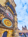 Prague Astronomical Clock in front of Tynsky Church spires, Old Town Square, Prague, Czech Republic