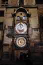 Prague Astronomical Clock, medieval timepiece on the facade of the city hall, illuminated at night