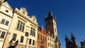 Prague Astronomical Clock and Tyn Church sunny day Royalty Free Stock Photo