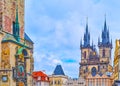 Prague Astronomical Clock and Tynsky Church bell towers, Old Town Square, Prague, Czech Republic Royalty Free Stock Photo