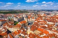 Prague beautiful panoramic sunny aerial drone view above Prague Old Town Square with Church of Our Lady before Tyn and Prague Royalty Free Stock Photo