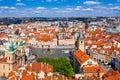 Prague beautiful panoramic sunny aerial drone view above Prague Old Town Square with Church of Our Lady before Tyn and Prague Royalty Free Stock Photo