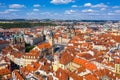 Prague beautiful panoramic sunny aerial drone view above Prague Old Town Square with Church of Our Lady before Tyn and Prague Royalty Free Stock Photo