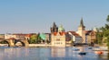 Prague. Beautiful summer landscape of the old town and the sights of Prague. View of the Charles Bridge and the Powder Tower.