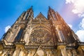 Prague, bell gothic towers and St. Vitus Cathedral. St. Vitus is a Roman Catholic cathedral in Prague, Czech Republic. Panoramic Royalty Free Stock Photo