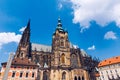 Prague, bell gothic towers and St. Vitus Cathedral. St. Vitus is a Roman Catholic cathedral in Prague, Czech Republic. Panoramic Royalty Free Stock Photo