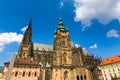 Prague, bell gothic towers and St. Vitus Cathedral. St. Vitus is a Roman Catholic cathedral in Prague, Czech Republic. Panoramic Royalty Free Stock Photo