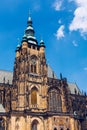 Prague, bell gothic towers and St. Vitus Cathedral. St. Vitus is a Roman Catholic cathedral in Prague, Czech Republic. Panoramic Royalty Free Stock Photo