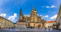 Prague, bell gothic towers and St. Vitus Cathedral. St. Vitus is a Roman Catholic cathedral in Prague, Czech Republic. Panoramic