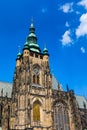 Prague, bell gothic towers and St. Vitus Cathedral. St. Vitus is a Roman Catholic cathedral in Prague, Czech Republic. Panoramic Royalty Free Stock Photo