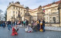 Prague, Bohemia / Czech Republic - November 2017: Tourists making a group photo with animators dressed in armour