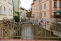 Prague. A bridge over the Certovka canal with padlocks fastened