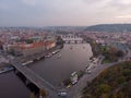 Prague bridges aerial view at autumn in twilight cloudy day, blue hour Royalty Free Stock Photo