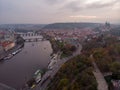 Prague bridges aerial view at autumn in twilight cloudy day, blue hour Royalty Free Stock Photo