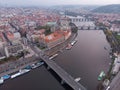Prague bridges aerial view at autumn in twilight cloudy day, blue hour Royalty Free Stock Photo