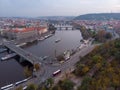 Prague bridges aerial view at autumn in twilight cloudy day, blue hour Royalty Free Stock Photo