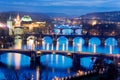 Prague bridges and Moldau river from Letna orchards, Lesser Town, Prague, Czech republic. Royalty Free Stock Photo