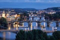 Prague bridges over river moldau in evening twilight , Czech Republic