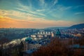 Prague bridges panorama during mist morning