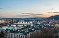 Prague bridges, Vltava river, city sunset panorama red rooftops and multi-coloured walls, Czech Royalty Free Stock Photo