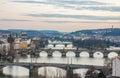 Prague bridges, Vltava river, city sunset panorama red rooftops and multi-coloured walls, Czech Royalty Free Stock Photo