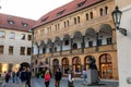 Historic Courtyard with Arches and Sculpture in Prague Royalty Free Stock Photo