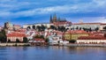 Prague Castle, Charles Bridge and boats on the Vltava river. View of Hradcany Prague Castle, Charles Bridge and a boats on the Royalty Free Stock Photo