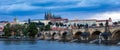 Prague Castle, Charles Bridge and boats on the Vltava river. View of Hradcany Prague Castle, Charles Bridge and a boats on the Royalty Free Stock Photo