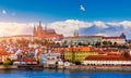 Prague Castle, Charles Bridge and boats on the Vltava river. View of Hradcany Prague Castle, Charles Bridge and a boats on the Royalty Free Stock Photo