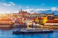 Prague Castle, Charles Bridge and boats on the Vltava river. View of Hradcany Prague Castle, Charles Bridge and a boats on the Royalty Free Stock Photo