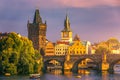 Prague Castle, Charles Bridge and boats on the Vltava river. View of Hradcany Prague Castle, Charles Bridge and a boats on the Royalty Free Stock Photo