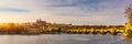 Prague Castle, Charles Bridge and boats on the Vltava river. View of Hradcany Prague Castle, Charles Bridge and a boats on the Royalty Free Stock Photo