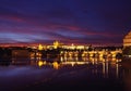 Prague castle and the Charles bridge at dusk,Czech Republic