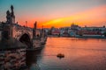 Prague castle and Charles bridge at sunset, Czech republic Royalty Free Stock Photo