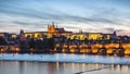 Prague Castle and the Charles Bridge at sunset in Prague, Czech Republic, Vltava river in foreground Royalty Free Stock Photo