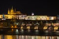 The Prague castle, Charles Bridge and Vltava river in the night scene Royalty Free Stock Photo