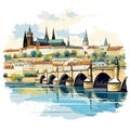 Prague castle hand-drawn comic illustration. Prague castle. Vector doodle style cartoon illustration