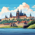 Prague castle hand-drawn comic illustration. Prague castle. Vector doodle style cartoon illustration