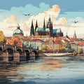 Prague castle hand-drawn comic illustration. Prague castle. Vector doodle style cartoon illustration