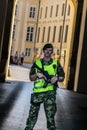 Prague, Czech Republic - September , 18, 2019: Prague Castle Security guard on duty outside one of the main gateways.