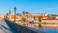 Prague Castle view from Charles Bridge on sunny spring morning, Praha, Czech Republic Royalty Free Stock Photo