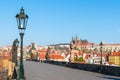 Prague Castle view from Charles Bridge on sunny spring morning, Praha, Czech Republic Royalty Free Stock Photo