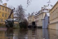 Prague - Certovka river. Channel between Kampa island and Mala strana in Czech Republic. Winter. Snow