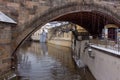 Prague - Certovka river. Channel between Kampa island and Mala strana in Czech Republic. Winter. Snow