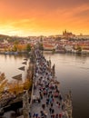 Prague Czech Republic panorama view of Charles Bridge Praha old town Vltava river sightseeing street to castle people tourists