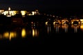 Prague and Charles bridge at night with light reflections in the river Royalty Free Stock Photo
